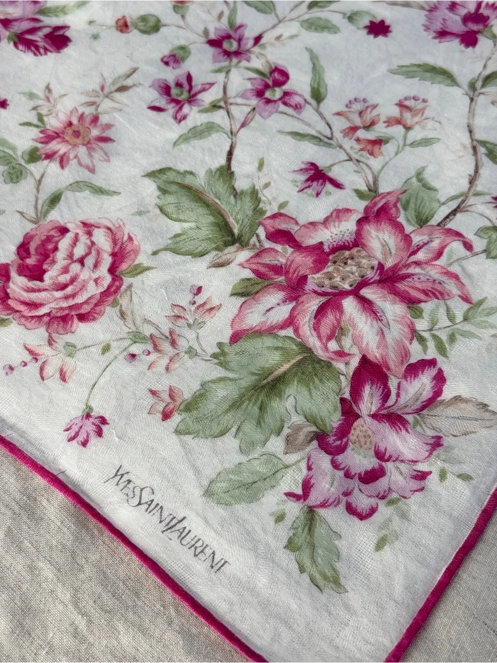 Vintage YSL Romantic Pink Floral Rose Cotton Bandana Scarf Made in Japan - Picture 8 of 9